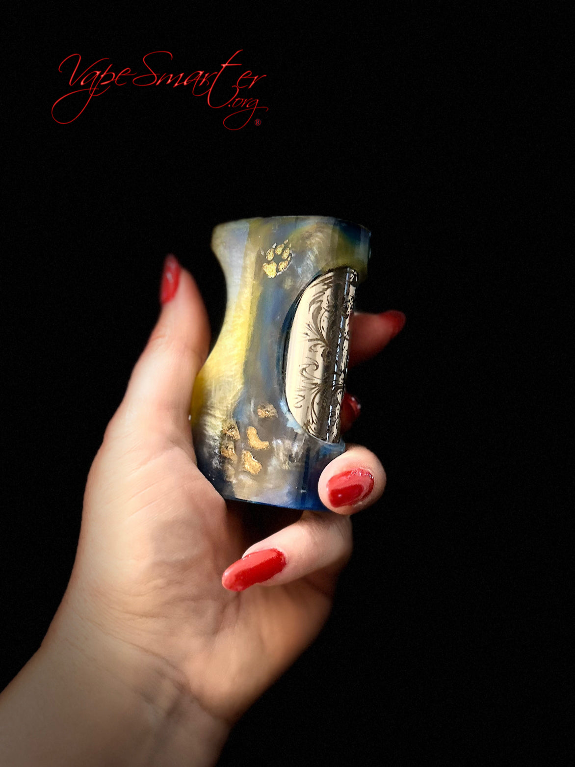 Switched Mechanical clickfet 18650 battery engraved stabwood hybrid boro mod - Vapesmarter.org