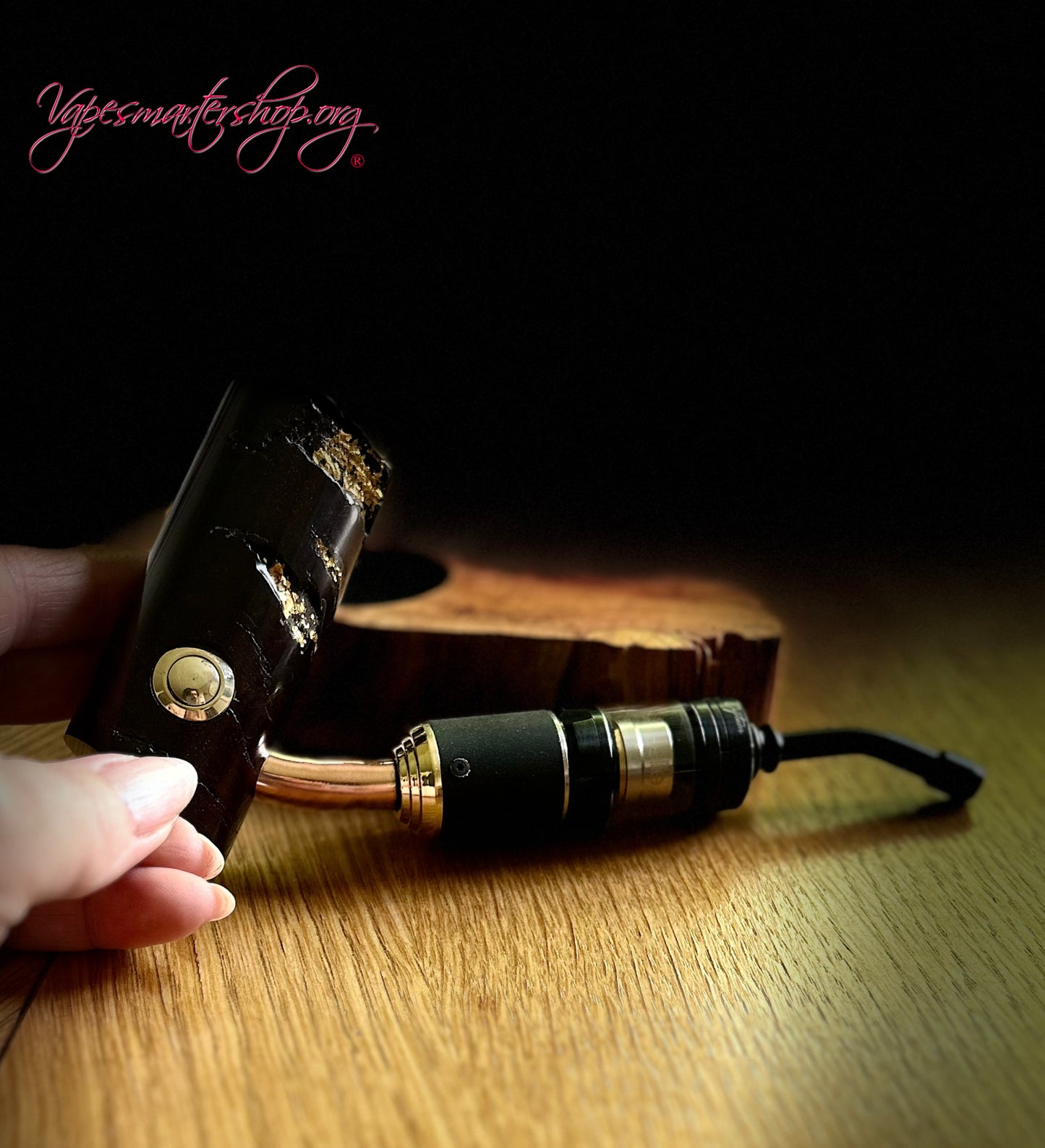 18350 Battery short stem switched mechanical clickfet rosewood and 22ct gold e-pipe 22mm Tank Fitment