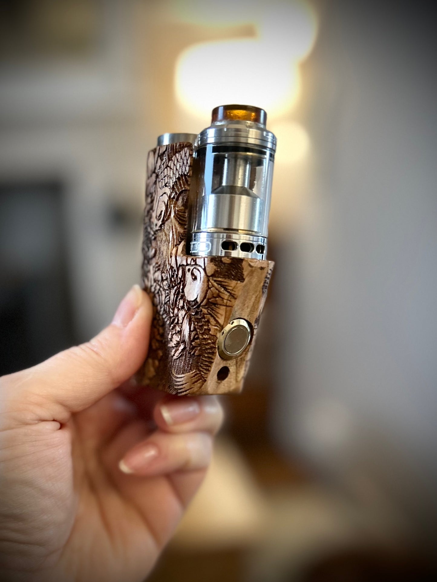 A SBS Single 18650 switched Mech pure wood engraved edition Clickfet mod