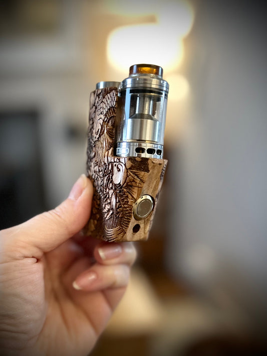 A SBS Single 18650 switched Mech pure wood engraved edition Clickfet mod