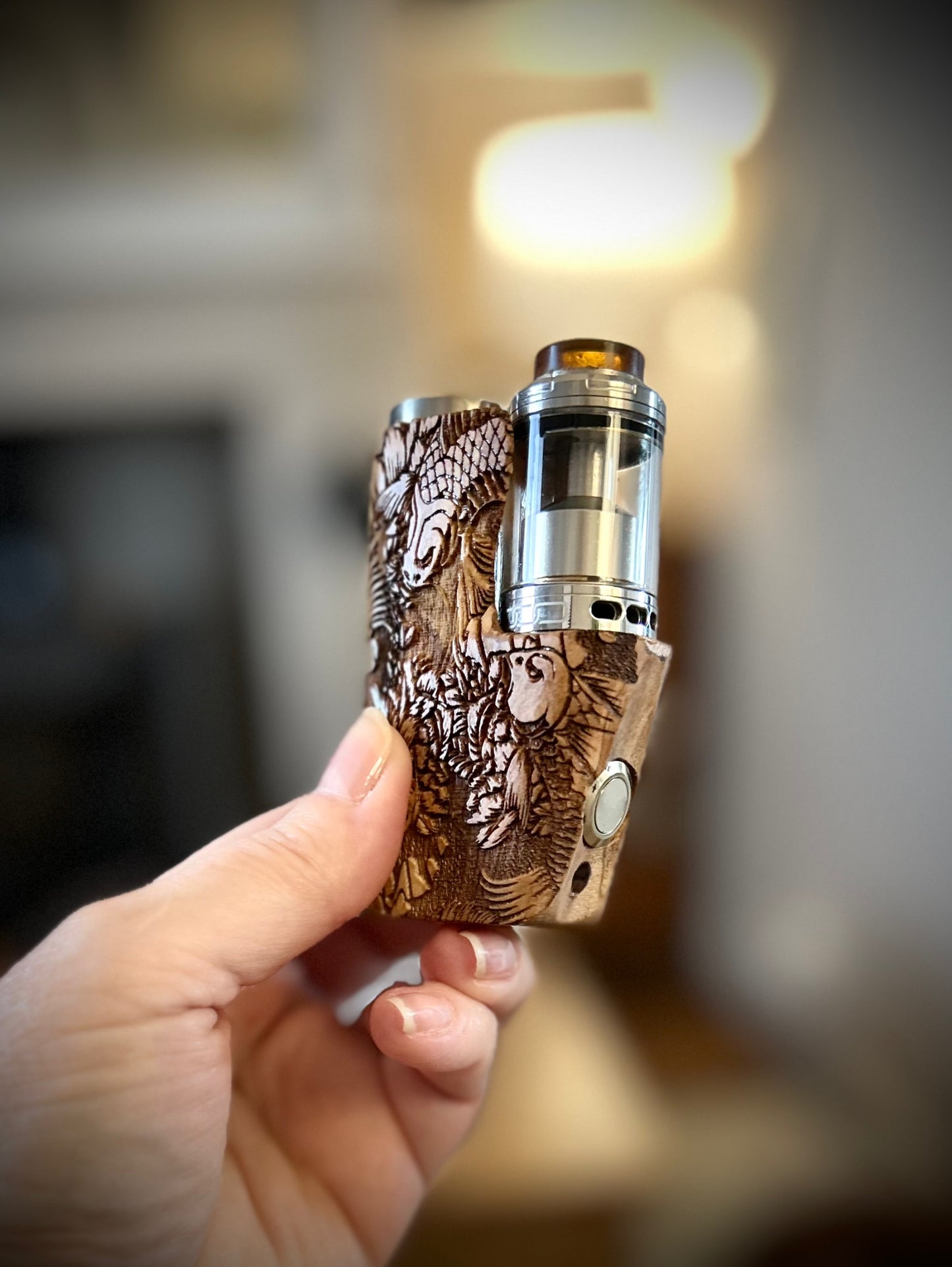 A SBS Single 18650 switched Mech pure wood engraved edition Clickfet mod
