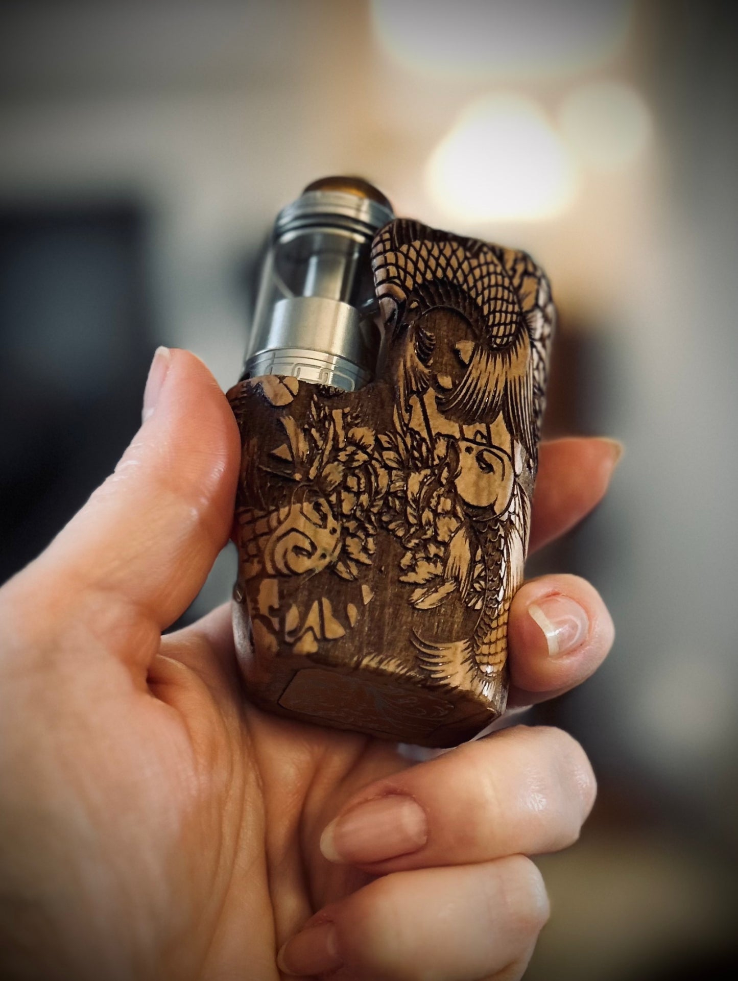 A SBS Single 18650 switched Mech pure wood engraved edition Clickfet mod