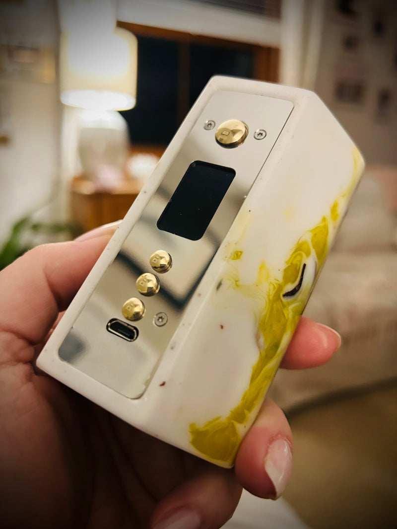 An Evolv Dna250c Twin 21700 battery stabwood Mod stainless steel and brass switches