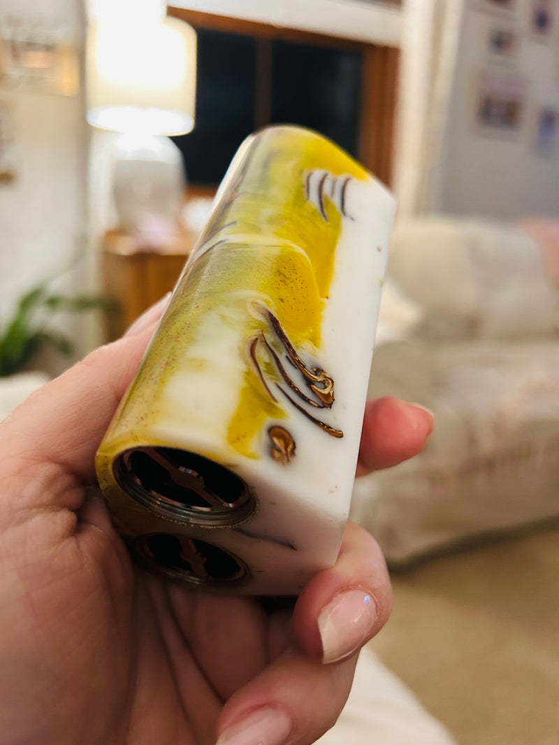 An Evolv Dna250c Twin 21700 battery stabwood Mod stainless steel and brass switches