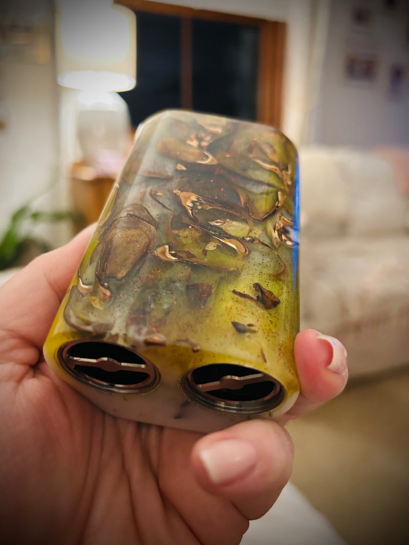 An Evolv Dna250c Twin 21700 battery stabwood Mod stainless steel and brass switches